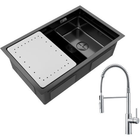 Cecipa Lavello Cucina 1 Vasca 70×44 cm con Gocciolatoio e Vaschetta Lavello Incasso Inox Nero + Miscelatore Cucina Spring con Doccetta Estraibile, Rubinetto Lavello 2 Modalità Uscita Acqua, Spazzolato