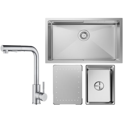 Cecipa Lavello Cucina 1 Vasca 70×44×21CM Lavello Incasso Acciaio Inox Spazzolato con Gocciolatoio e Vasca + Miscelatore Cucina Spazzolato con Doccetta Estraibile