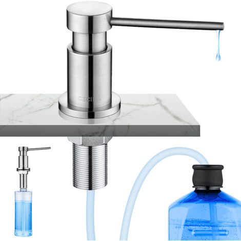 Cecipa Dispenser Sapone da Cucina Con Contenitore da 300 ml + Tubo di Prolunga in Silicone da 1,25 m - Dispenser di Sapone per Lavello da Cucina Sottopiano - Colore Spazzolato