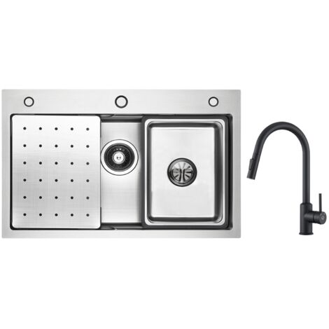 Cecipa Lavello 1 Vasca 70×45 cm con Gocciolatoio, Vaschetta e Dosatore Sapone + Miscelatore Cucina con Doccetta Estraibile Nero (1/5)