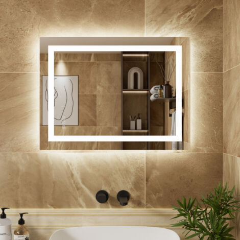Specchio da bagno 80 x 60 cm con touch control, 3 colori di luce, dimmerabile, antiappannamento, impermeabile IP64