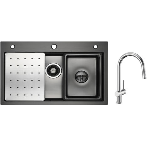 Lavello 1 Vasca Antracite 70×45 cm con Gocciolatoio, Vaschetta e Dosatore Sapone + Miscelatore Cucina con Doccia Estraibile Spazzolata (1/5)