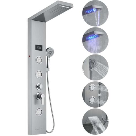 Auralum Pannello Doccia in Acciaio Inossidabile, multifunzione Colonna Doccia Idromassaggio con Luci LED, Cascata, Soffione e Doccetta, Doccia per massaggi (SPA)