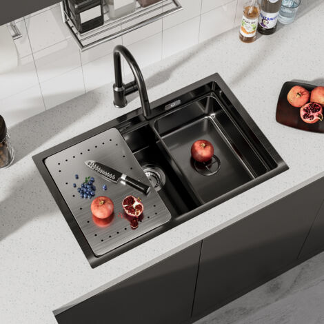 Lavello da Incasso a Una Vasca 70 x 44 x 21 CM Lavello da Cucina Lavello da Incasso in Acciaio Inox Lavello da Cucina con Gocciolatoio e Vasca, Antracite