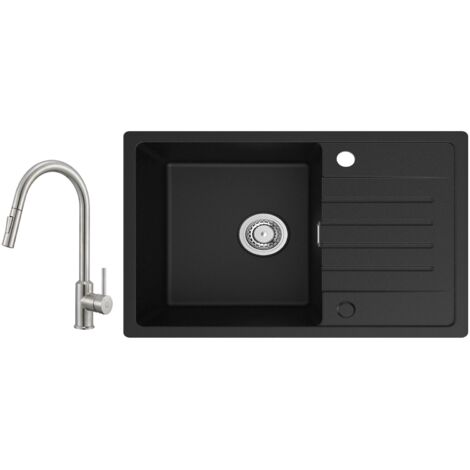 Lavello da Cucina Cecipa 1 Vasca con Gocciolatoio, Lavello da Cucina in Quarzo e Resina 78x45 cm Lavello Nero di Grande Capacità + Miscelatore da Cucina con Doccetta Estraibile - 2 Modalità di Uscita  (1/5)