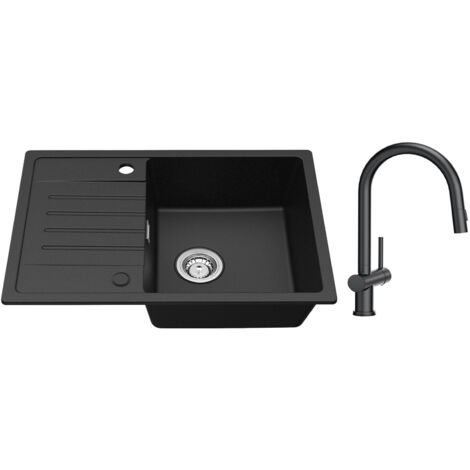 Lavello cucina con gocciolatoio Nero 65 x 45 cm Lavello incasso Due sensi di installazione + Miscelatore cucina con Doccia Estraibile con 2 tipologie di Getto Nero