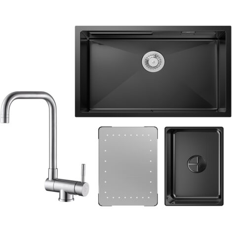 Cecipa Lavello Cucina 1 Vasca Nera con Gocciolatoio e Vaschetta Lavello Incasso 70×44×21CM + Rubinetto Cucina Ribaltabile Miscelatore Abbattibile Fronte Finestra Spazzolato