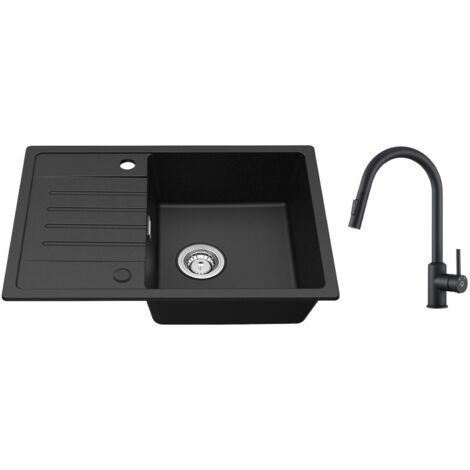Lavello cucina con gocciolatoio Nero 65 x 45 cm Lavello incasso Due sensi di installazione + Miscelatore cucina con doccetta estraibile ruotabile a 360° Nero (1/5)