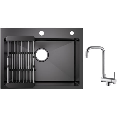 Cecipa 60×45×18 cm Lavello da Cucina Nero - Lavello a 1 Vasca con Cestello di Scarico + rubinetto da cucina pieghevole Miscelatore lavello pieghevole spazzolato (1/5)