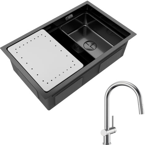 Cecipa Lavello Cucina 1 Vasca Antracite con Gocciolatoio e Vasca Lavello Incasso 70×44×21CM + Miscelatore Cucina Acciaio Inox Spazzolato con Doccetta Estraibile (1/5)