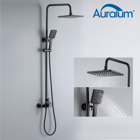 Auralum Colonna Doccia Meccanica Nero, Set de Doccia Quadrato con Soffione e Doccetta, Altezza regolabile dopo l'installazione 93 - 130 cm