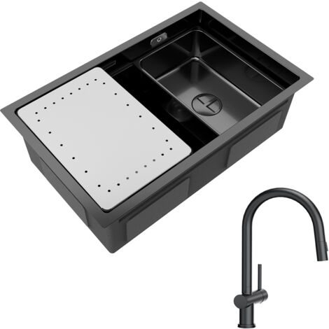 Cecipa Lavello Cucina 1 Vasca Nera con Gocciolatoio e Vasca Lavello Incasso 70×44×21CM + Miscelatore Cucina Nero con Doccetta Estraibile