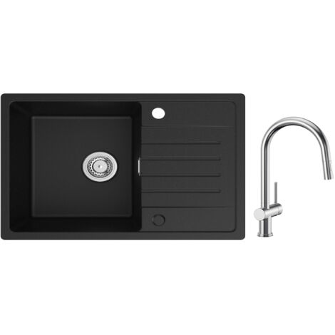 Lavello da Cucina Cecipa 1 Vasca con Gocciolatoio, Lavello da Cucina in Quarzo e Resina 78x45 cm Lavello Nero di Grande Capacità + Miscelatore da Cucina con Doccetta Estraibile Spazzolata (1/5)
