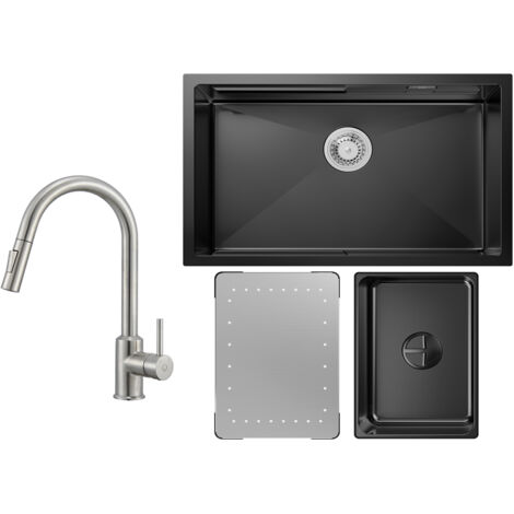 Cecipa Lavello Cucina 1 Vasca Antracite con Gocciolatoio e Vasca Lavello Incasso 70×44×21CM + Miscelatore Cucina Spazzolato con Doccetta Estraibile (1/5)