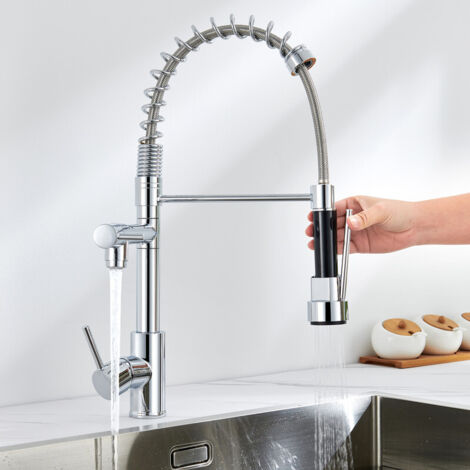 Auralum Rubinetto Cucina con 2 ugelli, Rubinetto del lavello a molla da cucina, girevole a 360°, Acqua calda e fredda regolabile, ottone cromato