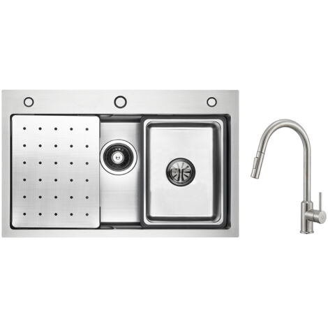 Cecipa 1 Vasca Lavello 70×45 cm con Gocciolatoio, Vaschetta e Dosatore Sapone + Miscelatore con Doccia Estraibile 2 Modalità Uscita Acqua (1/5)