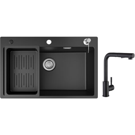 Cecipa Lavello 1 Vasca con Cestello di Scarico e Dispenser Sapone, Lavello in Quarzo e Resina 70x45 cm + Miscelatore da Cucina con Doccia Estraibile 2 Modalità di Getto