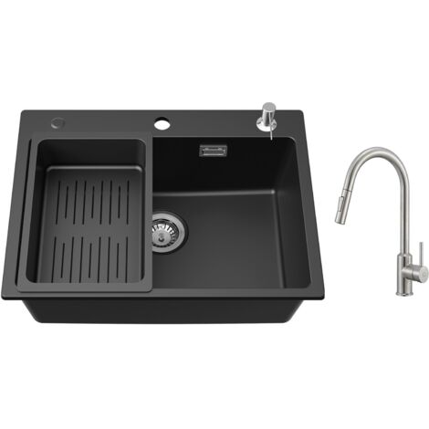 Cecipa Lavello 1 Vasca 60x45 cm con Cestello di Scarico e Dispenser per Sapone + Miscelatore da Cucina con Doccetta Estraibile - 2 Modalità di Uscita dell'Acqua (1/5)