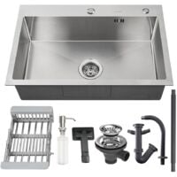 Lavello da Cucina 1 Vasca 68 x 45 cm Lavorato a Mano Lavello Incasso Vasca Singola in Acciaio Inox con Erogatore di Sapone e Cestello regolabile