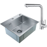 CECIPA Lavelli da Cucina Trafilatura in Acciaio Inox 50 x 45 x 18.5 cm, Senza distributore di sapone + Rubinetto da Cucina Tirabile in Acciaio Inossidabile
