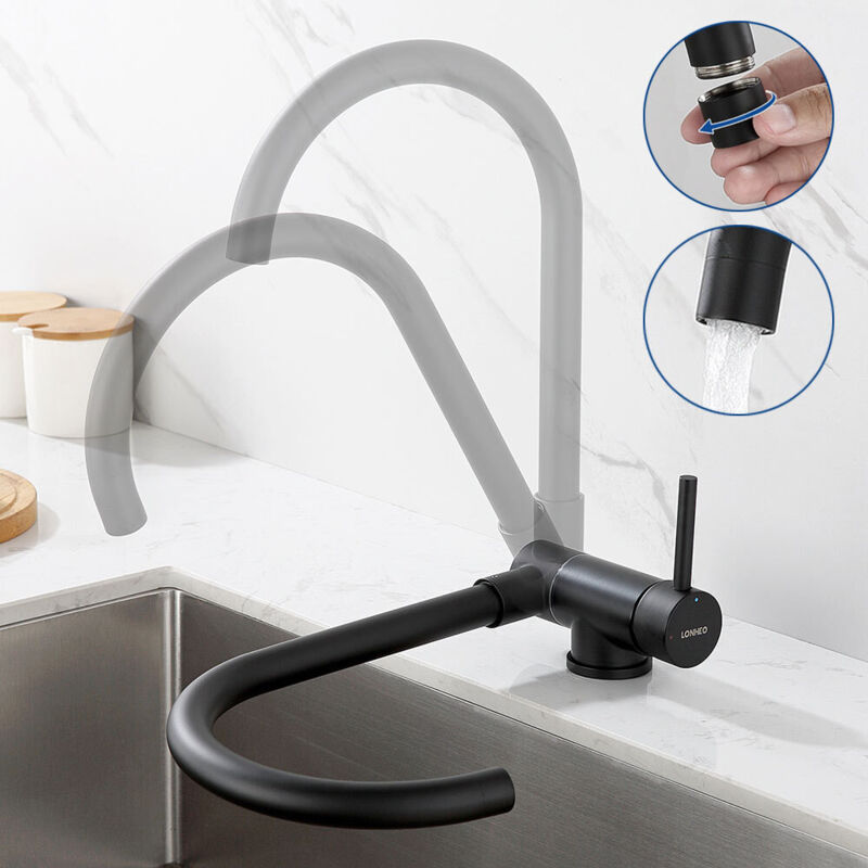 Lonheo Grifo Cocina Abatible de Acero Inoxidable Negro, Grifo de