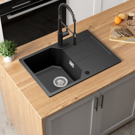 Anycee Max Fregadero de cocina de granito y cuarzo de 65 x 45 cm, de un solo seno, bajo encimera y con escurridor