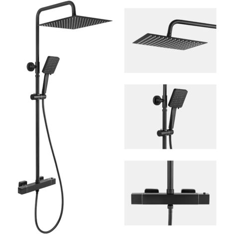 Columna de ducha termostática, con cabezal de ducha 30x30CM, cabezal de ducha6 chorros, ajustable en altura, juego de ducha con mezclador, negro