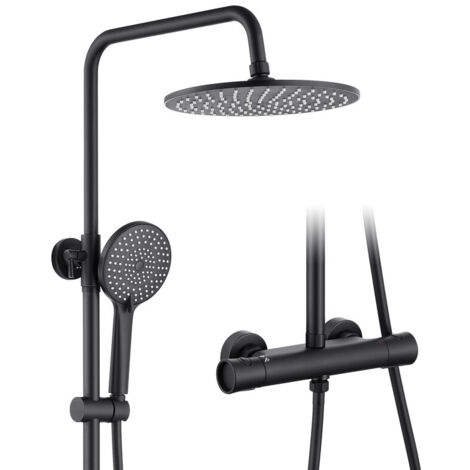 AURALUM MAX Sistema de ducha con termostato de 38 °C, grifería de ducha de lluvia negra, set de ducha, ducha de mano con 3 modos, barra de ducha regulable en altura