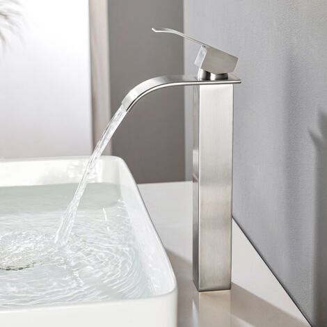 CECIPA MAX Grifo de baño, grifo de lavabo cascada cepillado, grifo monomando, lavabo con caño, altura 245 mm