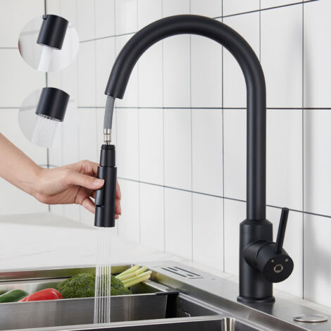Cecipa Grifo Monomando de Cocina con Ducha Extraíble - Negro - Grifo Mezclador para Fregadero de Cocina Giratorio 360° de Acero Inoxidable - Grifo de Cocina 2 Modos de Salida de Agua