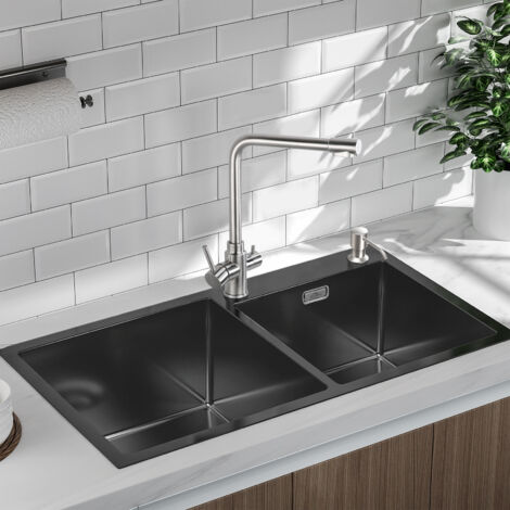 Auralum 75x45cm Fregadero de cocina con 2 senos en Acero Inoxidable, Fregadero Encastrar de dos cubetas con 300ml Dispensador de Jabón, Desagüe y Sifón, Gris oscuro