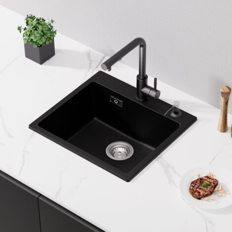 Cecipa Fregaderos de una Cubeta 50x45cm Fregadero Cuarzo de Cocina Negro Fregadero Fregadero de Granito Fregadero de 1 Cubeta de Encastre (Sin Dosificador de Jabón)