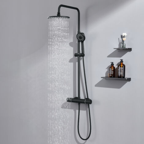 Auralum Columna de ducha con Grifo Termostática Negro, Redondo Conjunto de ducha con Ducha de Lluvia 22,5cm y 3 modes Ducha de Mano, Altura ajustable tras la instalación 84-121cm