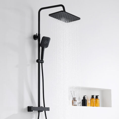 Sistema de ducha con termostato de 38 °C, grifo de ducha, ducha de lluvia, set de ducha, ducha de mano con 3 modos, barra de ducha regulable en altura, color negro (1/5)