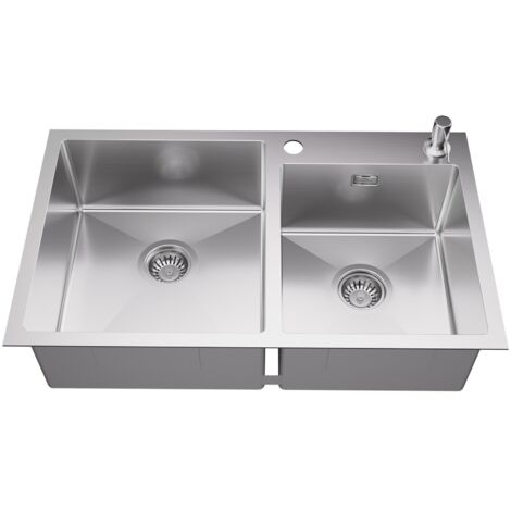 Auralum Fregadero de cocina con dos cubetas, 75 x 45 cm Fregadero Encastrar con 2 senos en Acero Inoxidable Cepillado con 300ml Dispensador de Jabón, Desagüe y Sifón