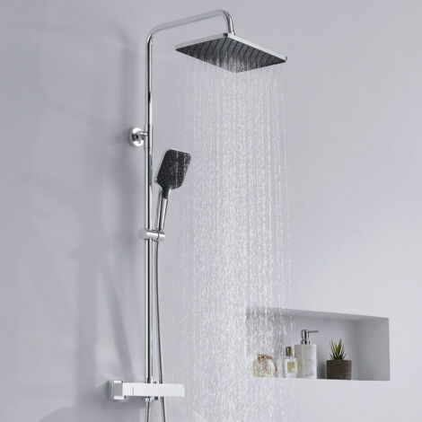 Sistema de ducha con termostato de 38 °C, grifería de ducha, ducha de lluvia, set de ducha, ducha de mano con 3 modos, barra de ducha regulable en altura, cromo