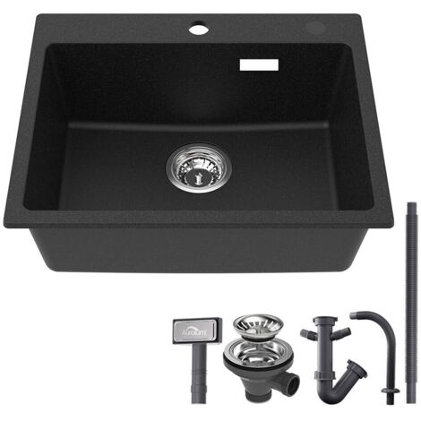 Fregadero de Cocina de Granito y Resina 55x45cm Fregaderos Sobrepuesto de una cubeta con Desagüe y Sifón, Fregadero Cocina Sobre Encimera, Negro granito