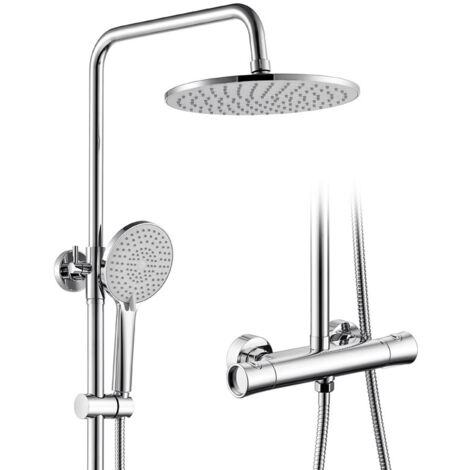 AURALUM MAX Sistema de ducha con termostato de 38 °C, grifería de ducha, ducha de lluvia cromada, set de ducha, ducha de mano con 3 modos, barra de ducha regulable en altura