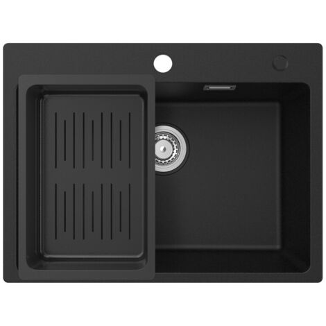 CECIPA MAX Fregadero de granito de 60 × 45 cm para encimera, fregadero de cocina de granito con escurridor, incluye sifón, desagüe y rebosadero