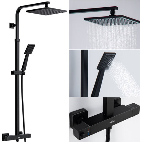 Conjunto de ducha Termostática 38ºC Negro 2 Funciones Columna de Ducha con 9 pulgadas Rociador Ducha y Ducha de Mano Sistema de ducha antiquemaduras con Altura Ajustable 1100-1370mm