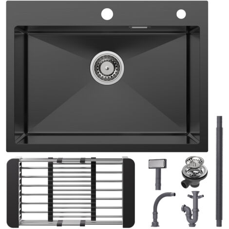 CECIPA Fregadero de acero inoxidable 60x45cm fregadero de cocina encastrable negro fregadero sobre encimera