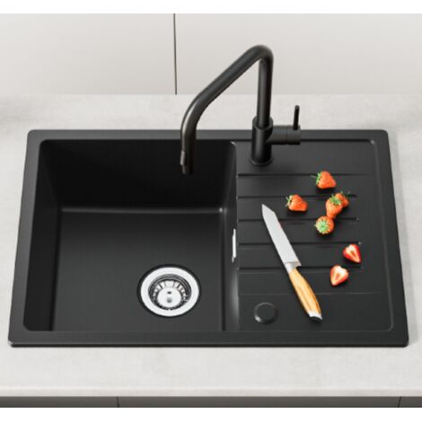 CECIPA Fregadero de 1 seno de granito antracita 65x45, fregadero de cocina sobre encimera con escurridor