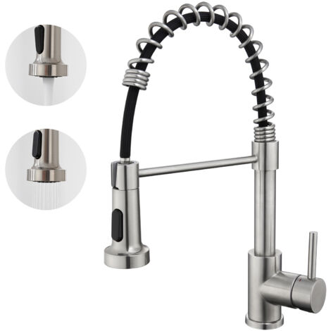 Auralum Grifo Cocina Extraíble de Acero inoxidable, Giratorio de 360° Monomando de Fregadero grifo con 2 Modos 2 Boquillas y Manguera para Agua Fría y Caliente (1/5)