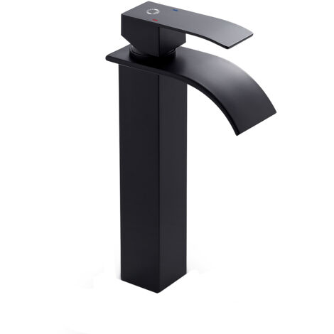 Grifo Lavabo Cascada Negro Alto, Monomando Grifo para Lavabos Sobre Encimera para Baño, Diseño Moderno