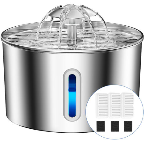 Balimo Fuente para gatos de acero inoxidable de 2,2 L, súper silenciosa, con sistema de filtrado cuádruple y luz LED, con 3 filtros de carbón activado