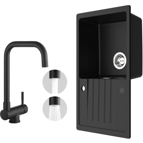 Fregadero de cocina 78x45cm fregadero de granito negro antracita con escurridor + grifo de cocina con ventana negro alto 355MM