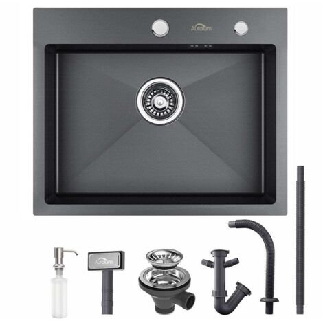 Fregadero de Cocina de un Seno 55x45cm gris antracita, Fregadero Encastrado Cuadrado de Acero Inoxidable con 300ml Dispensador de Jabón, Set de Desagüe y Sifón