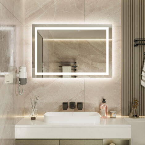 Espejo de baño 90 x 60 cm con control táctil, 3 colores de luz, regulable, antivaho, resistente al agua IP64