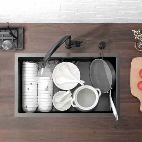 Fregadero de Cocina 1 Seno 74 x 44 x 20 cm Fregadero empotrado hecho a mano Acero inoxidable , Adecuado para muebles de más de 80 cm, Gris oscuro
