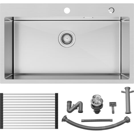 Fregadero Cocina 1 Seno 75 x 45 x 19 cm en Acero Inoxidable, Escurridor enrollable, Desagüe y Sifón Sobre Encimera o Encastrado Fregadero para Cocina